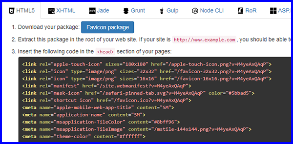 Código HTML favicons para todos los dispositivos